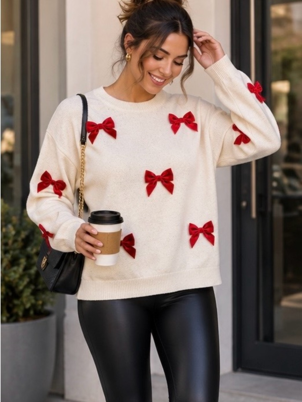 J.Marie Jenna Sweater Women's White Red Bow Size M NWT